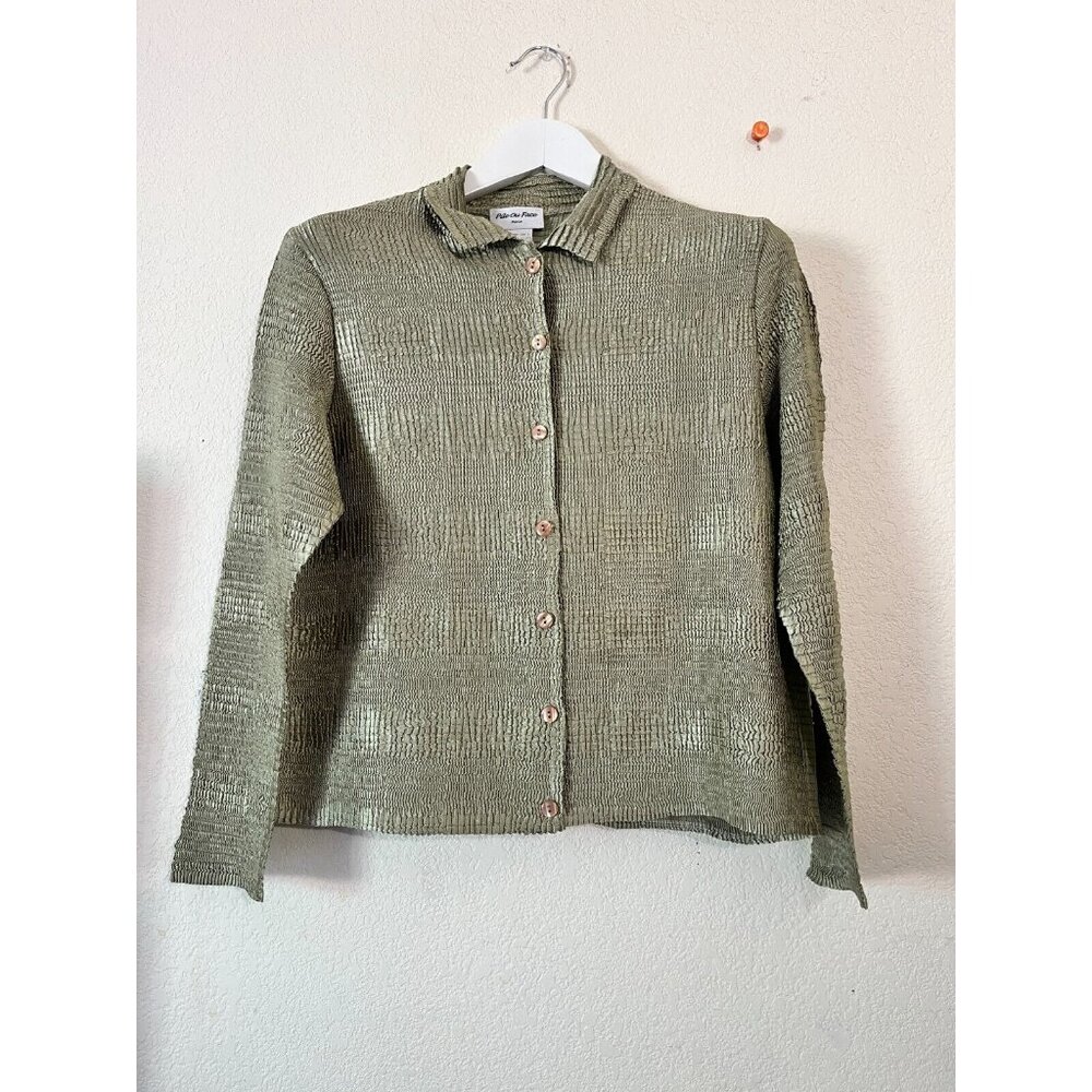 Pile Ou Face Paris Womens Button Down Crinkle Shirt Top Green Long Sleeve Casual